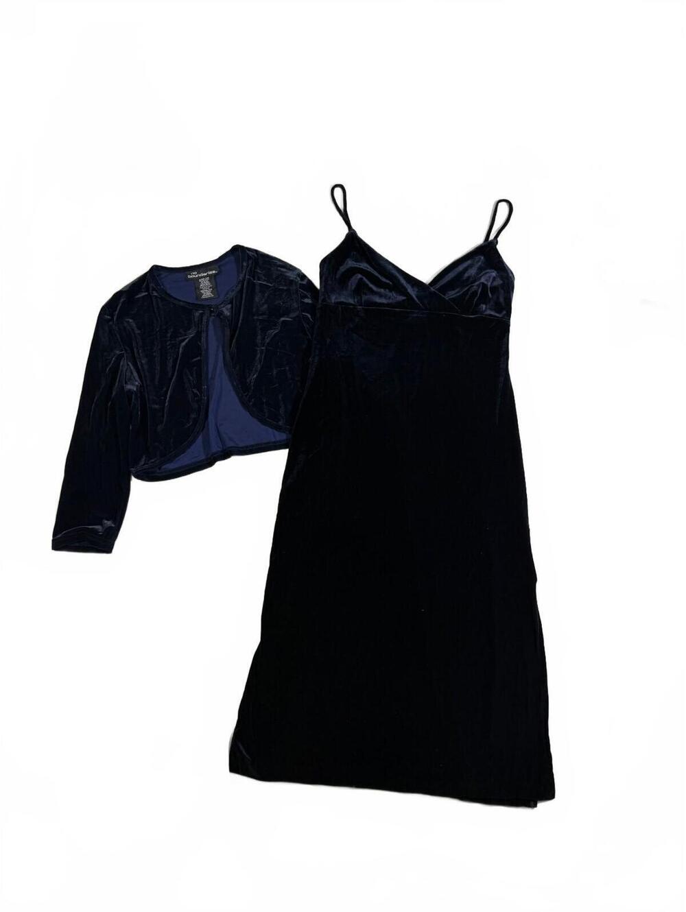 Vintage 90s Navy Blue Matching Set Midi Dress With Bolero Size M